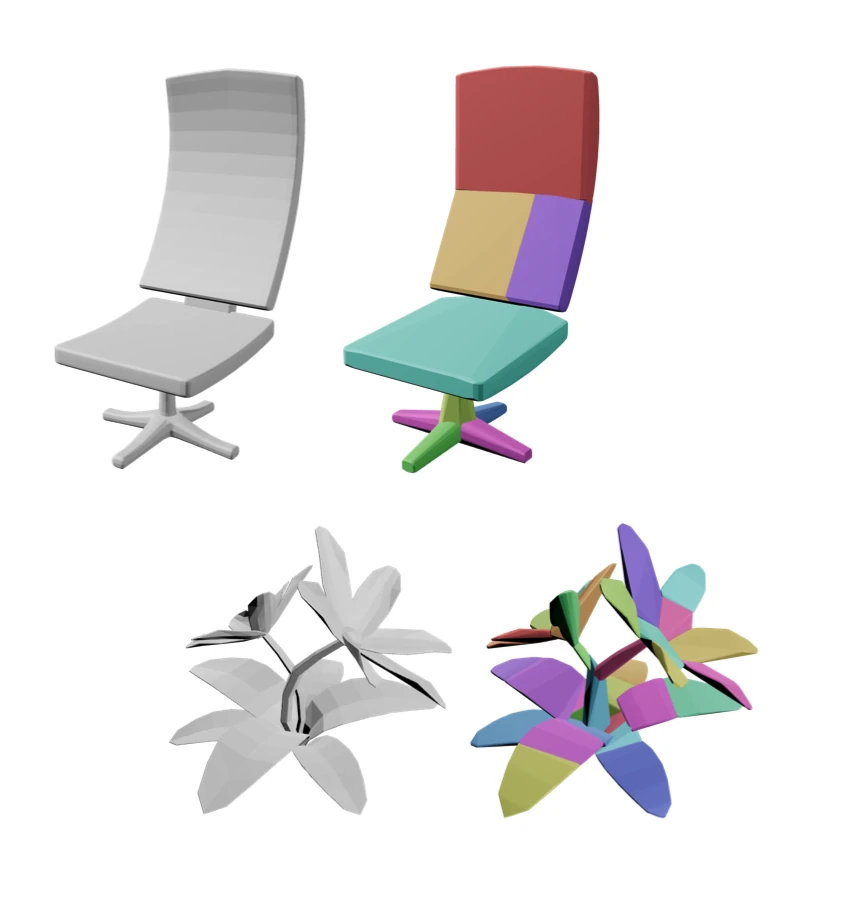 Chair and plant models shown alongside convex decompositions